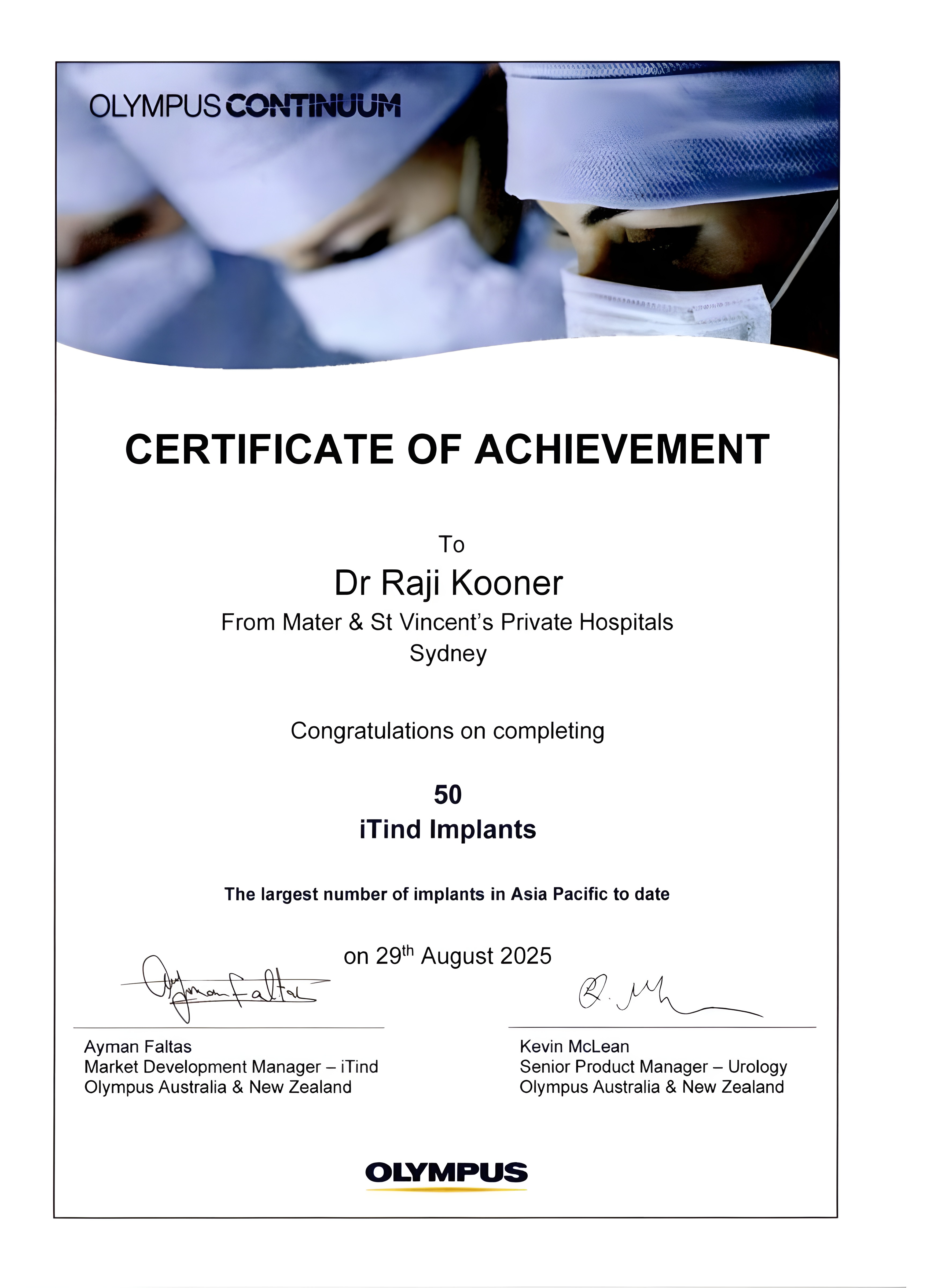 Olympus Continuum Certificate of Achievement recognising Dr Raji Kooner for completing 50 iTind implants, the largest number in Asia Pacific to date, dated 29 August 2025.