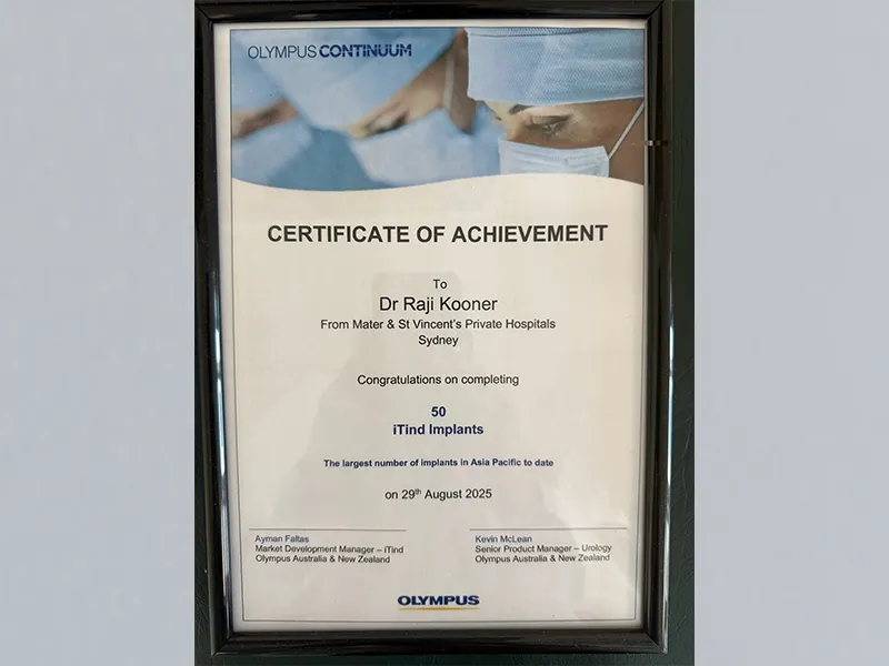 Dr Raji Kooner with Olympus recognition document for 50+ iTind procedures at the Mater Hospital