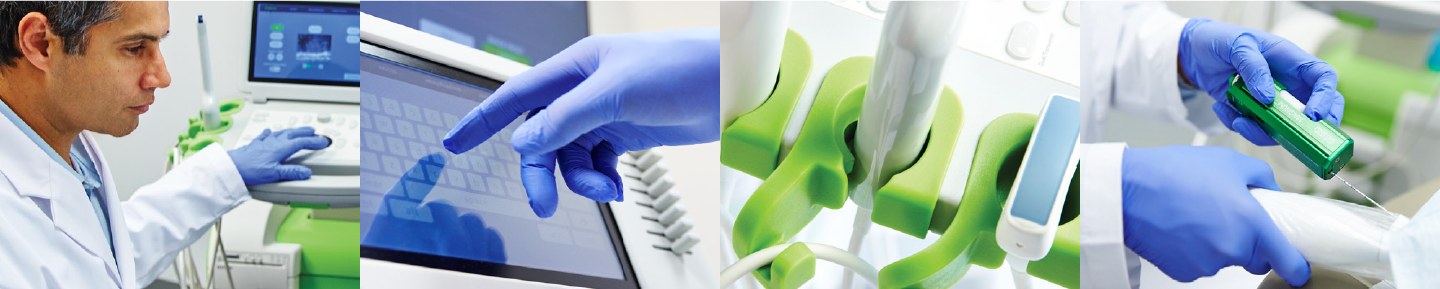 Four close-up photographs of the ExactVu micro-ultrasound system in use: an operator at the console, a gloved hand on the touch screen, transducers in their holders, and a transducer being prepared