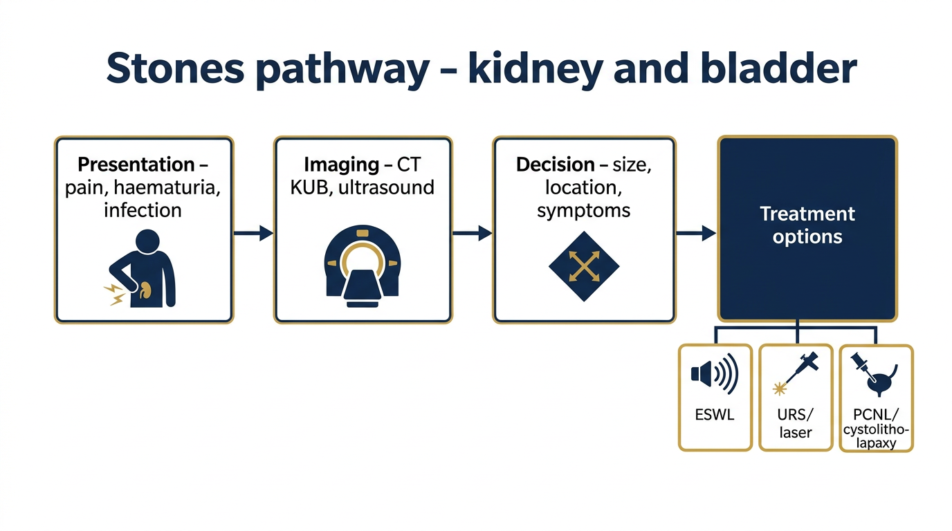 Flow diagram of the kidney stone treatment pathway. A patient presenting with pain, haematuria, or infection moves to imaging (CT KUB or ultrasound), then to a treatment decision based on stone size, location, and symptoms, leading to one of three treatment options: ESWL (shockwave lithotripsy), URS with laser (ureteroscopy with holmium laser lithotripsy), or PCNL or cystolitholapaxy.